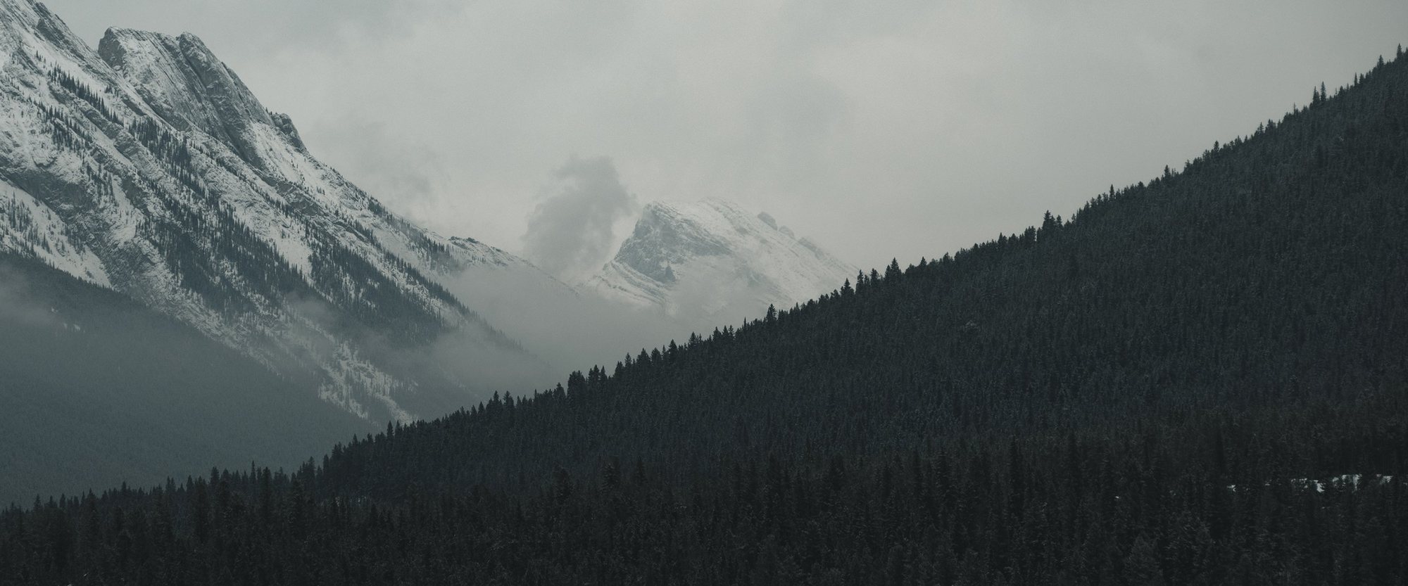 Snow-dusted peaks in cloud above a dark forested slope